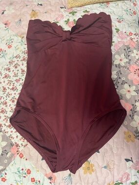 kate spade deep burgundy one piece scalloped bandeau swimsuit